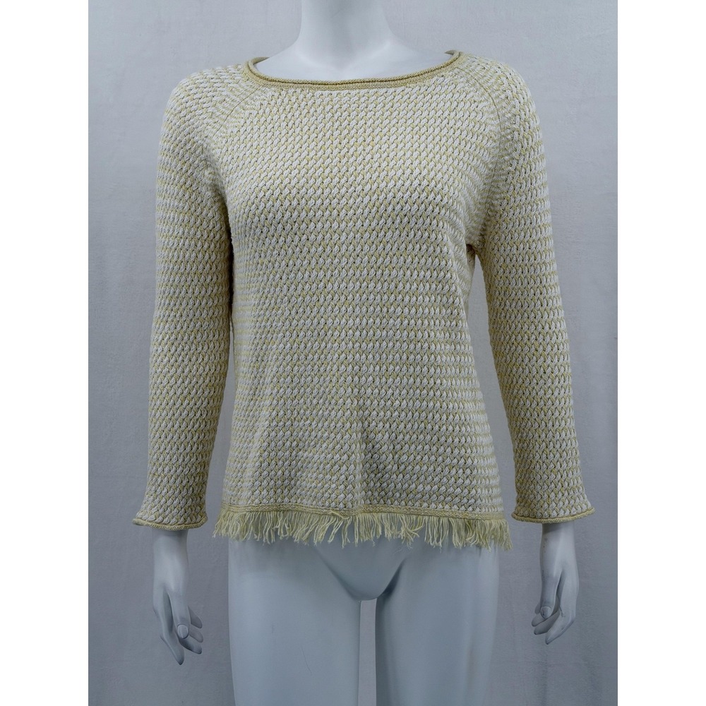 Kinross Sweater Womens Small Yellow 100% Cotton Fringe Hem Woven Knit Beachy
